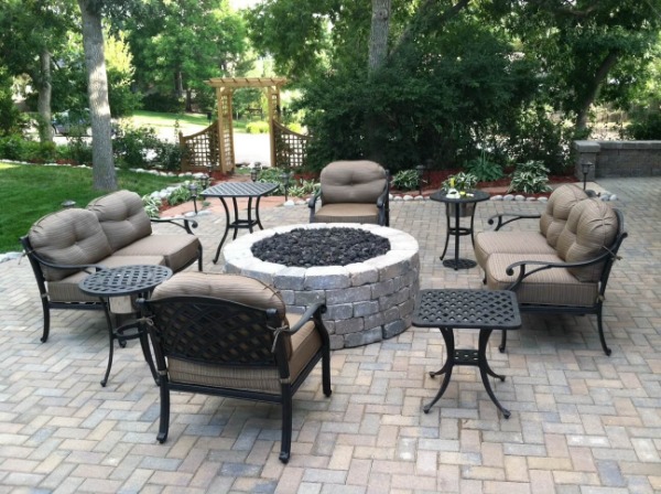 stone firepit on a paver patio